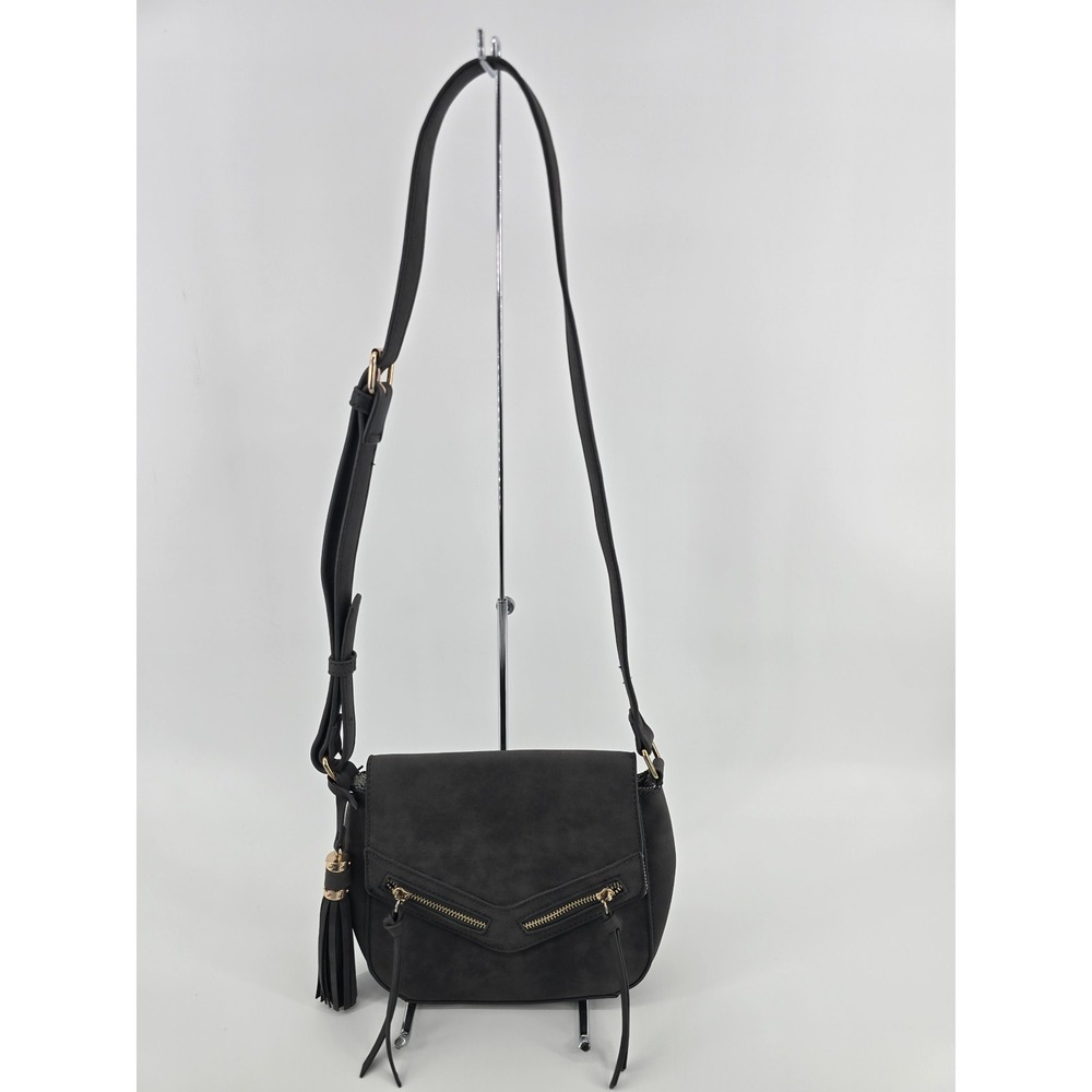 Charcoal Gray Faux Suede Crossbody Bag with Gold Zipper Tassel Accents